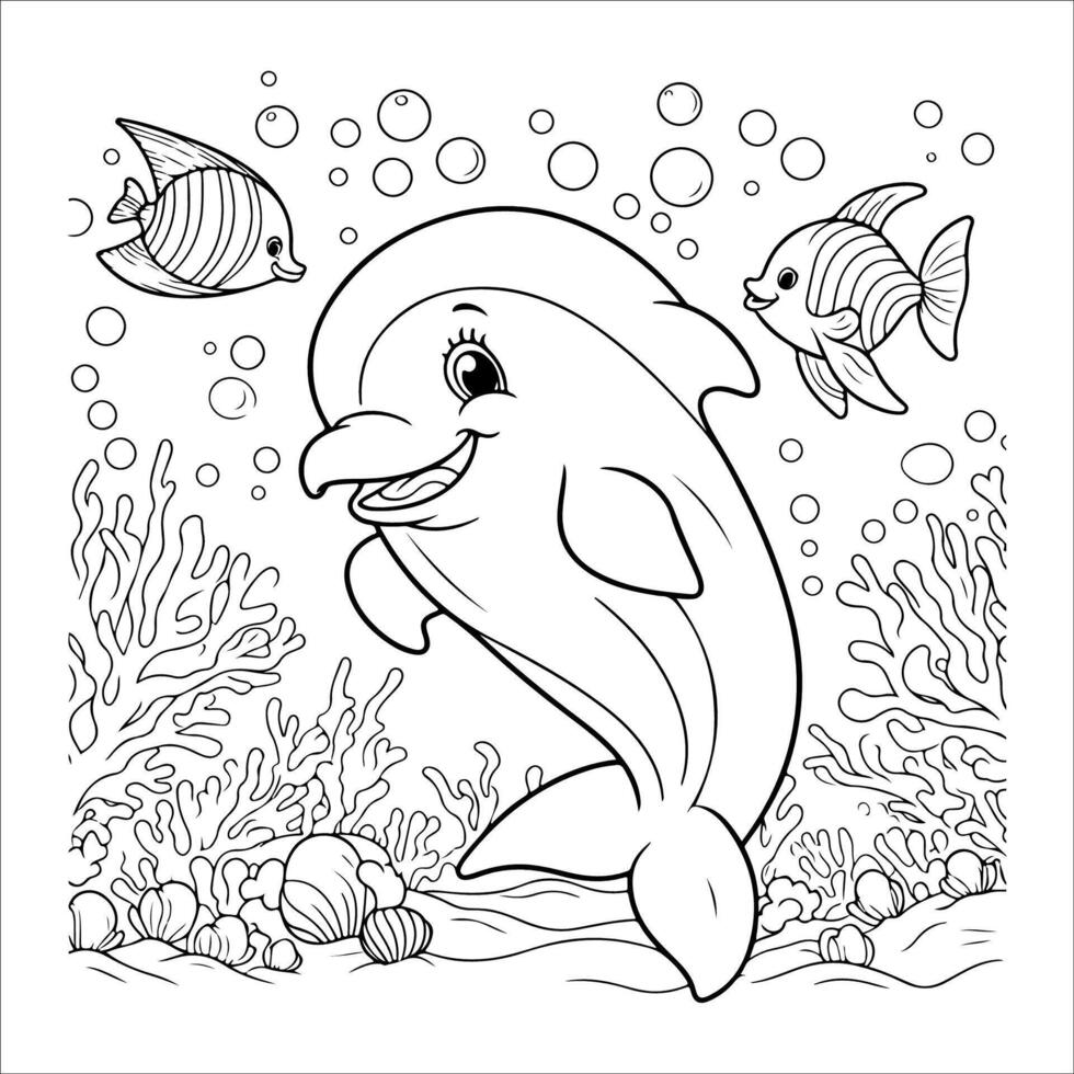 Coloring book for children, Dolphin and corals on a white background vector