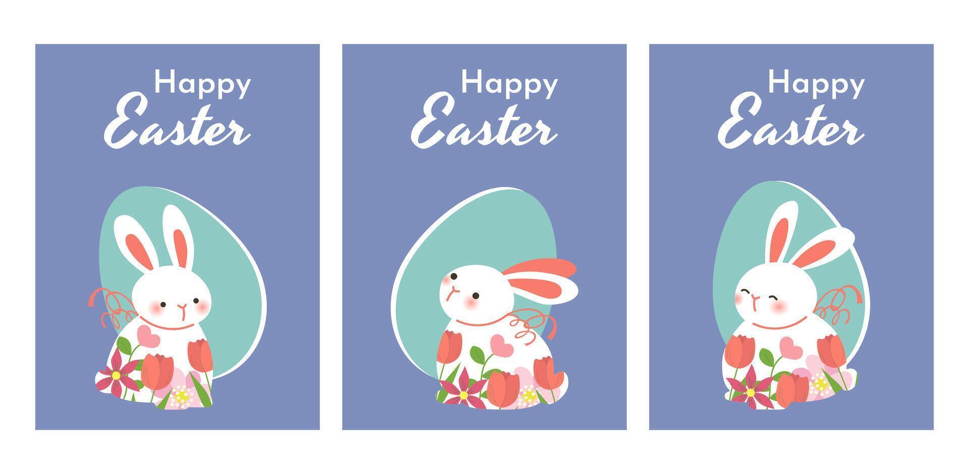 Adorable set of cute Easter bunnies with decorated eggs and spring flowers. Perfect for holiday greeting cards, invitations, and festive designs. Illustration with a cheerful style. vector