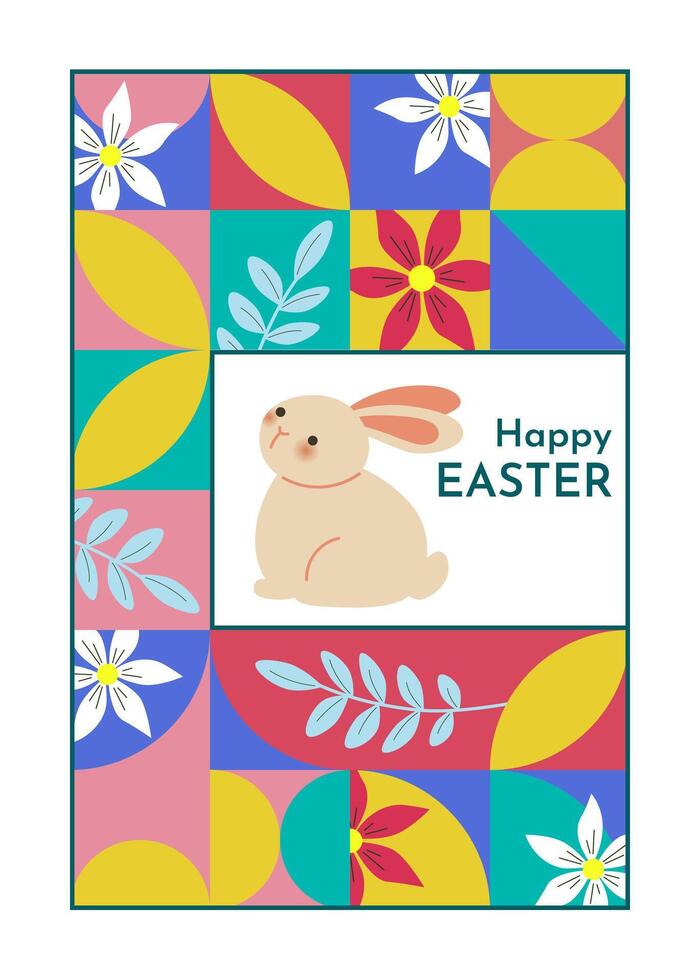 Happy Easter card. Multicolored and festive template. Trendy design with abstract geometric shapes, cute bunny and flowers. vector