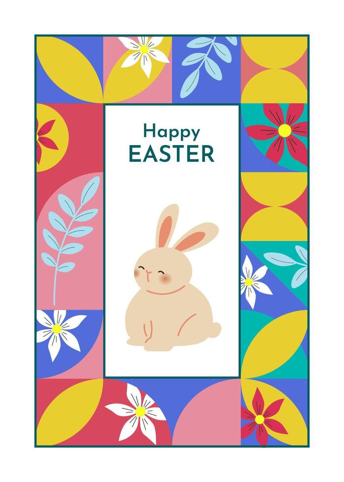 Happy Easter card. Multicolored and festive template. Trendy design with abstract geometric shapes and cute bunny. Perfect for holiday greetings, invitations, and seasonal designs. vector