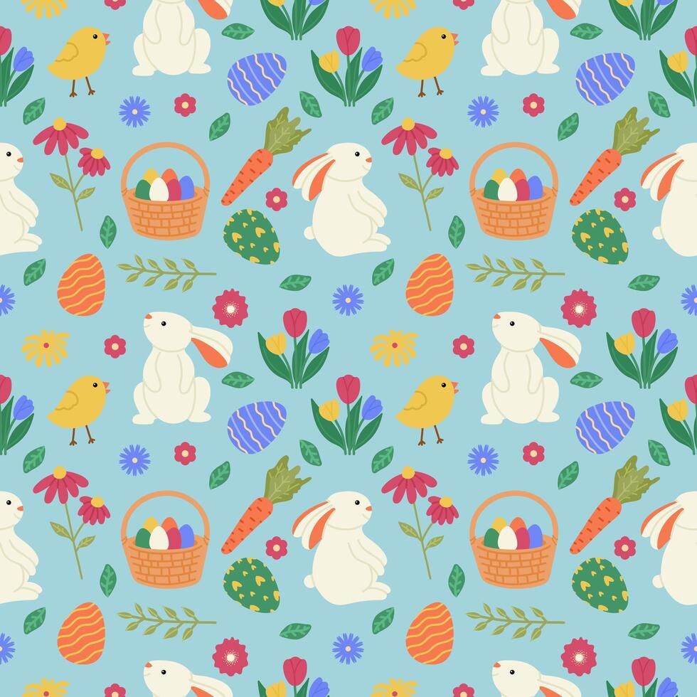Cute seamless pattern with bunnies for Easter. Celebration background with Easter colorful eggs, Easter cake and plants on bright blue background, endless design vector