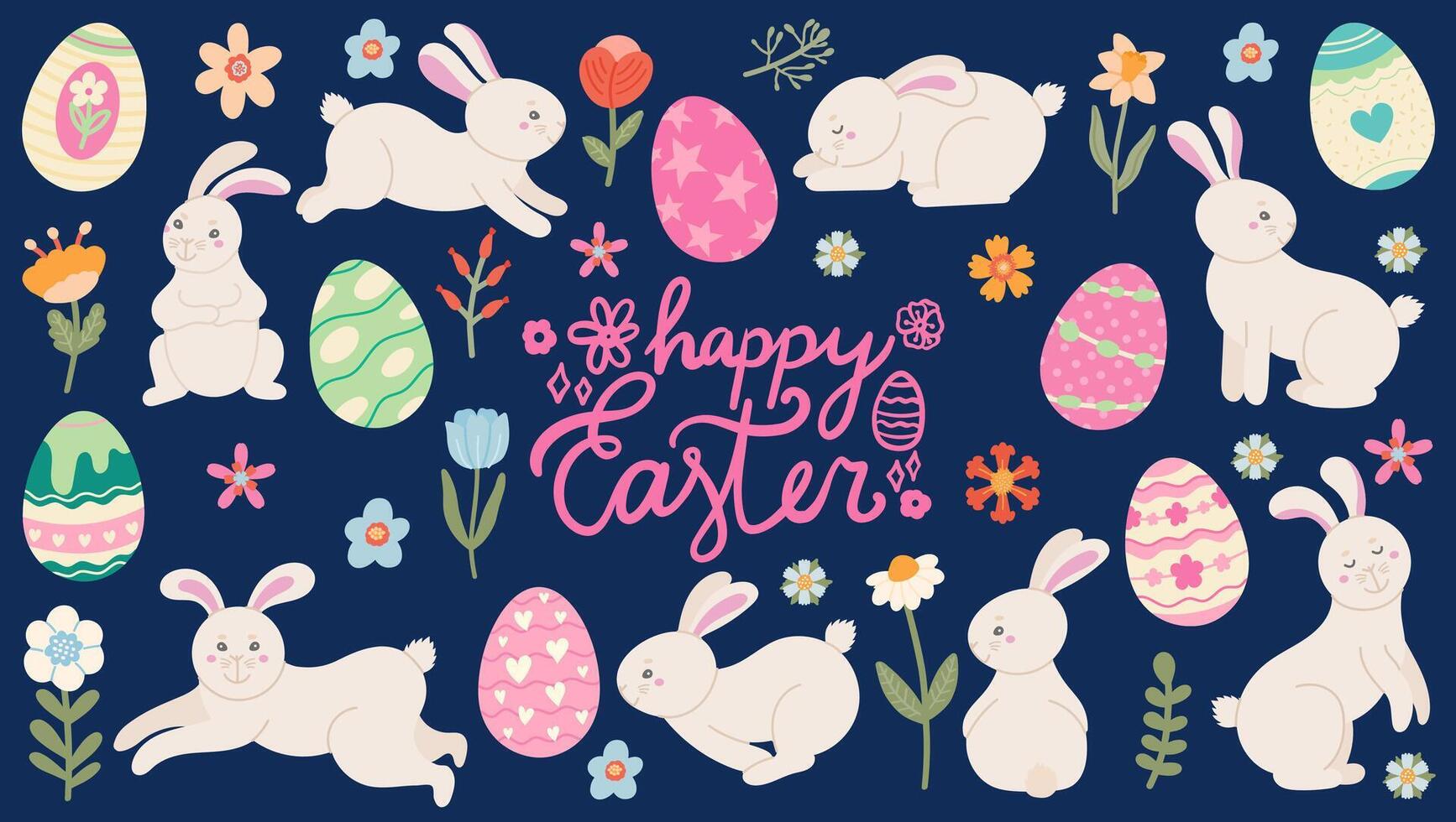 Cute set elements for Easter Day celebration. Cute Clipart with easter bunnies, eggs. florals and leaves. Flat simple childish design vector