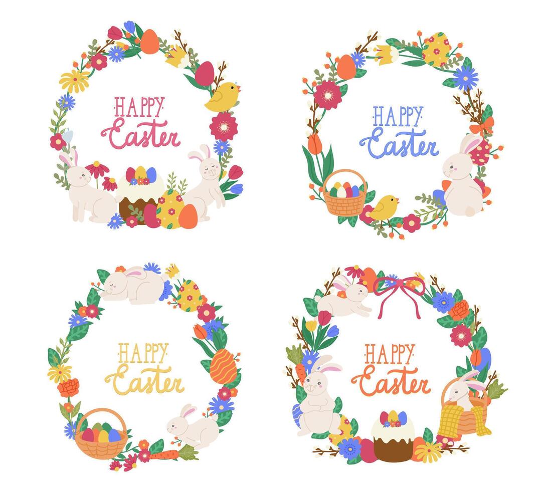Set of 4 different round frames for spring or Easter themes with flowers, plants and bunnies and Easter bright eggs on a white background, flat illustration vector
