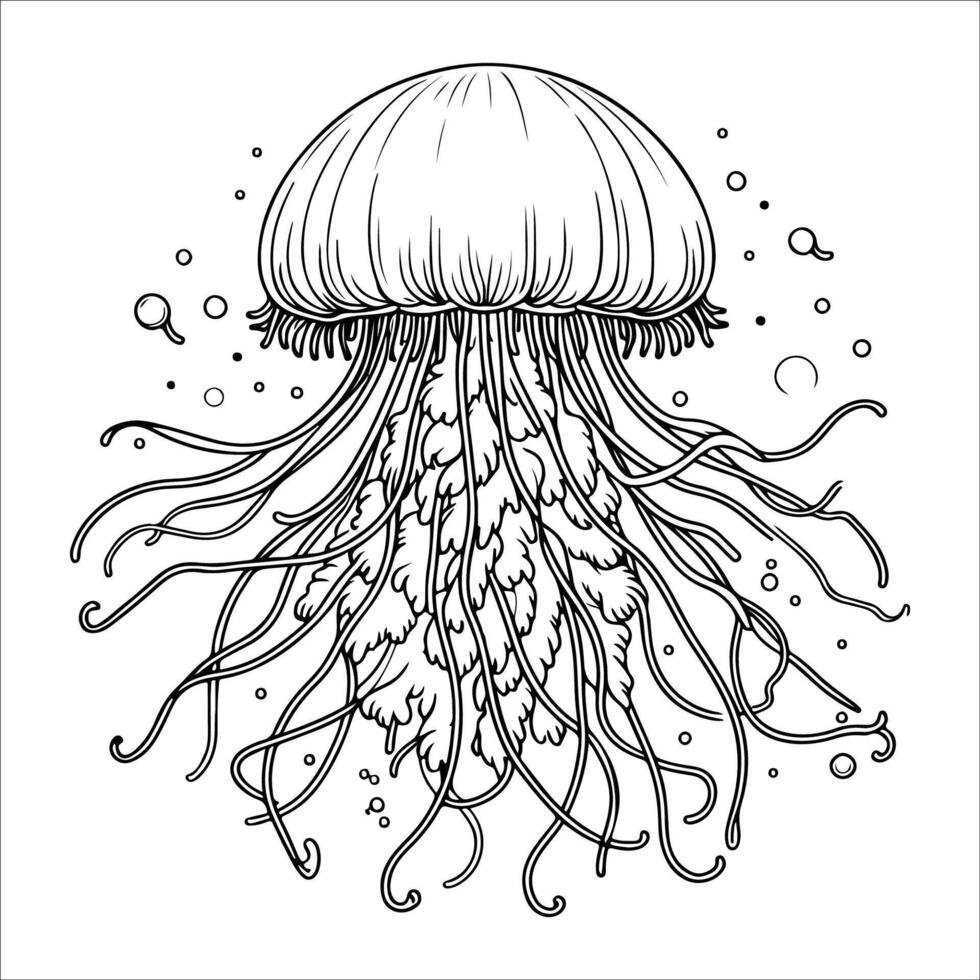 Jellyfish coloring page for adults. Black and white outline art illustration. vector