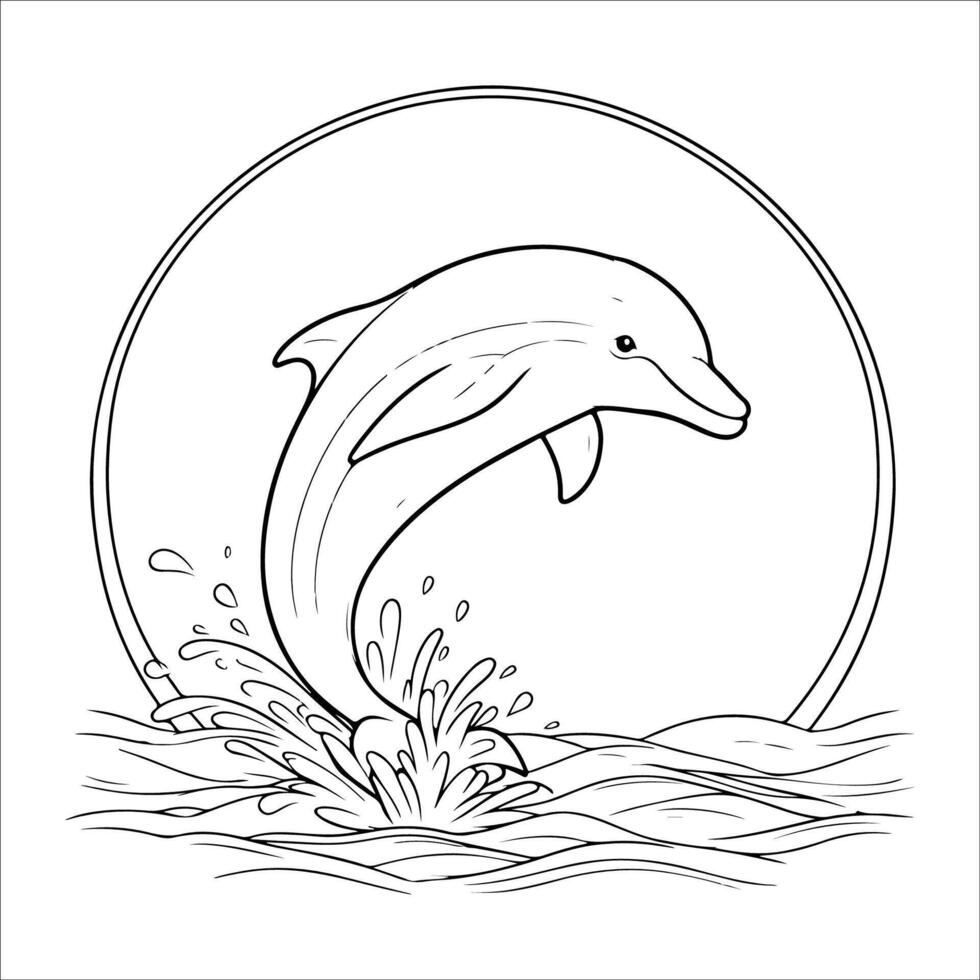 Dolphin jumping out of the water in a circle. outline art illustration. vector