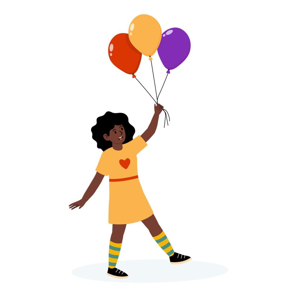 Happy child in a yellow dress holding colorful balloons in a cheerful setting vector