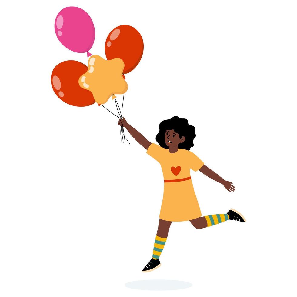 Young girl joyfully skipping with colorful balloons in a playful setting vector
