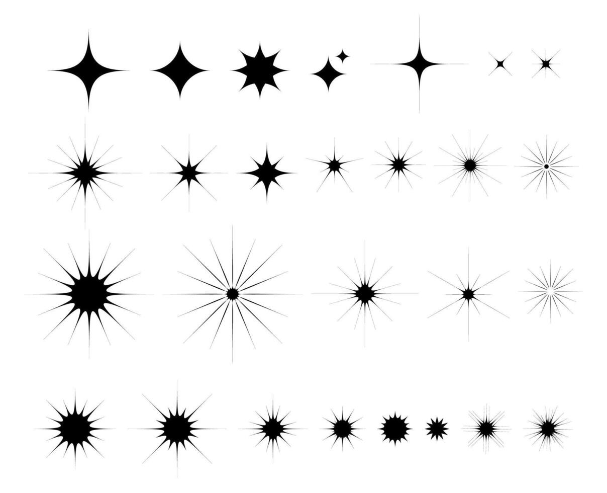 Star icons, twinkling stars. Sparkles, shining burst. Set collection, black radiant symbols isolated on white background vector
