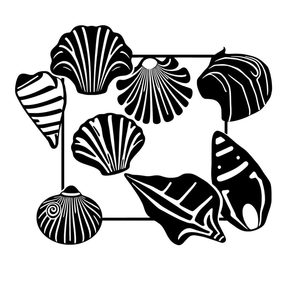Seashell Summer. Black and White Seashore Graphic Art. A stunning monochrome illustration of various seashells perfect for beachthemed decor or natureinspired designs. vector