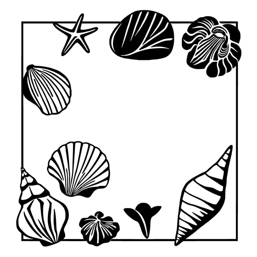 Seashell Summer. Black and White Beach Frame Graphic. Starfish shells and ocean vibes for a relaxing vacation . Perfect for summer holidays and coastal themes. vector