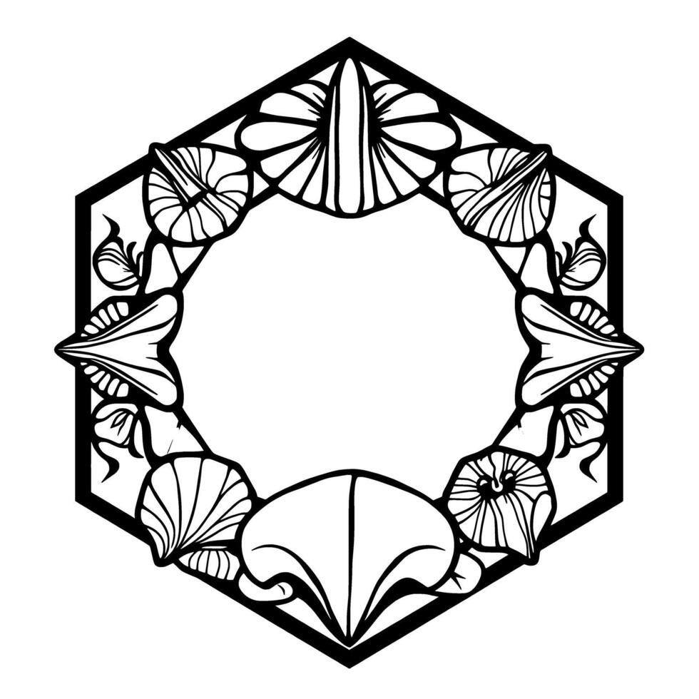 Hexagonal Floral Frame. Black and White Line Art . Perfect for invitations cards and other decorative projects. A vintage geometric pattern with a retro style. vector