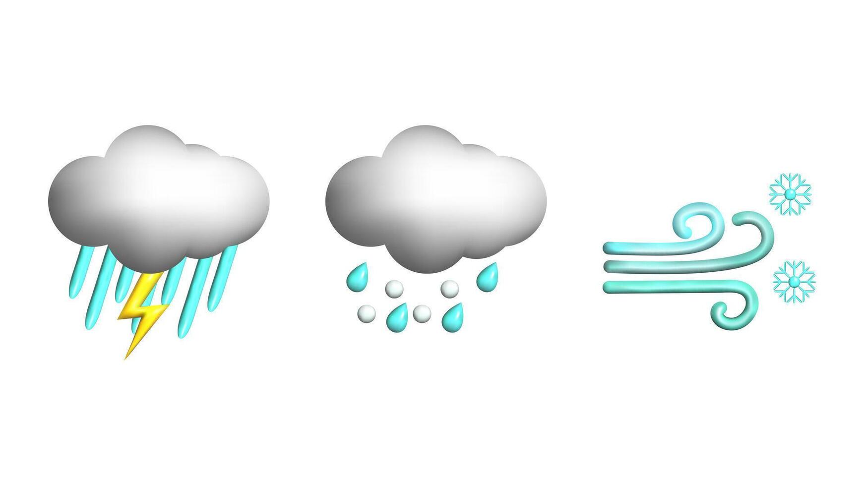 Weather 3d icons realistic isolated set. Thunderstorm downpour hail snowstorm. Design weather app web site game logo banner. Meteorology concept. vector