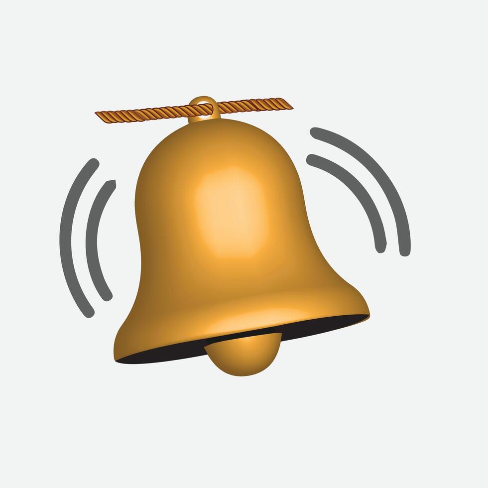 3D illustration of a golden bell ringing,symbolizing alerts, notifications,or reminders. The bell has a smooth metallic finish with sound wave graphics on both sides,enhancing the effect of movement. vector