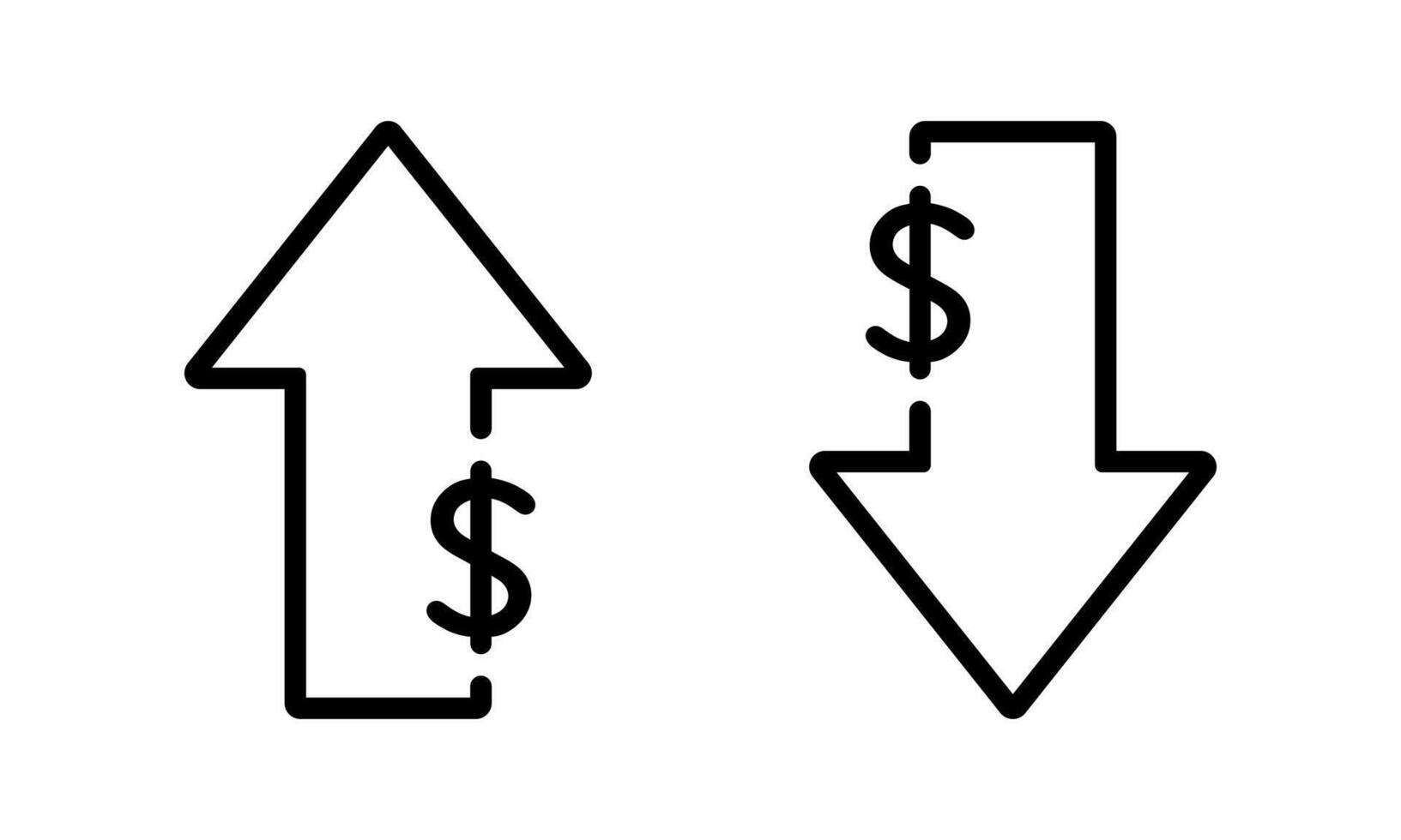 Up and down dollar outline icon. Lower and higher price arrow sign symbol vector