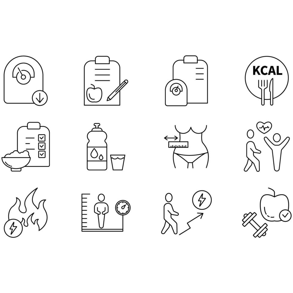 Weight loss icons set.. Set of editable stroke icons.Set of Weight loss vector