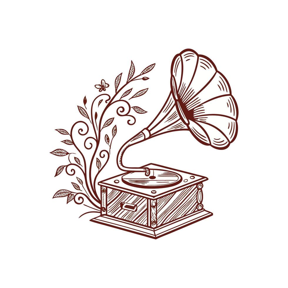 An illustration of a gramophone with a flower vector