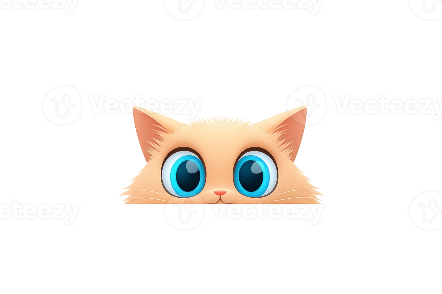 Cute cartoon cat with big blue eyes peeking over surface, showcasing its fluffy fur and playful expression. Perfect for animal themed designs and illustrations png