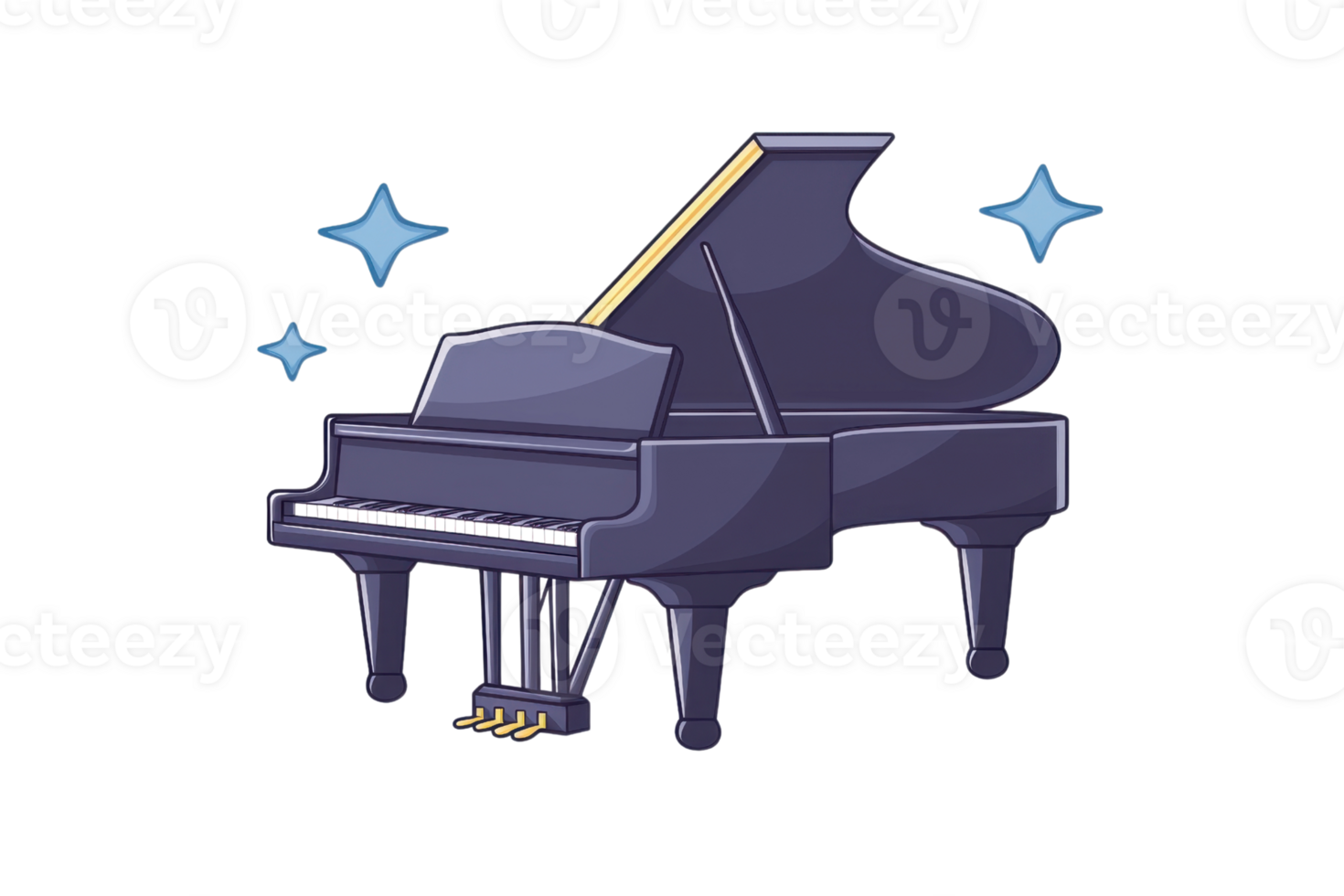 beautiful grand piano with shiny finish, surrounded by sparkling stars, symbolizing elegance and music. Perfect for music related themes png