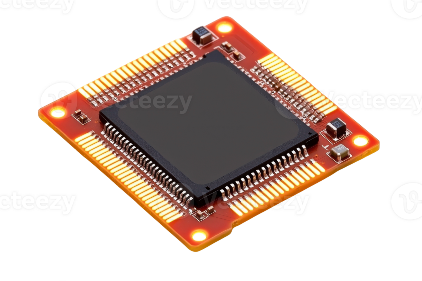 close up view of microprocessor on circuit board, showcasing its intricate design and connections. vibrant colors highlight its technological sophistication and functionality png