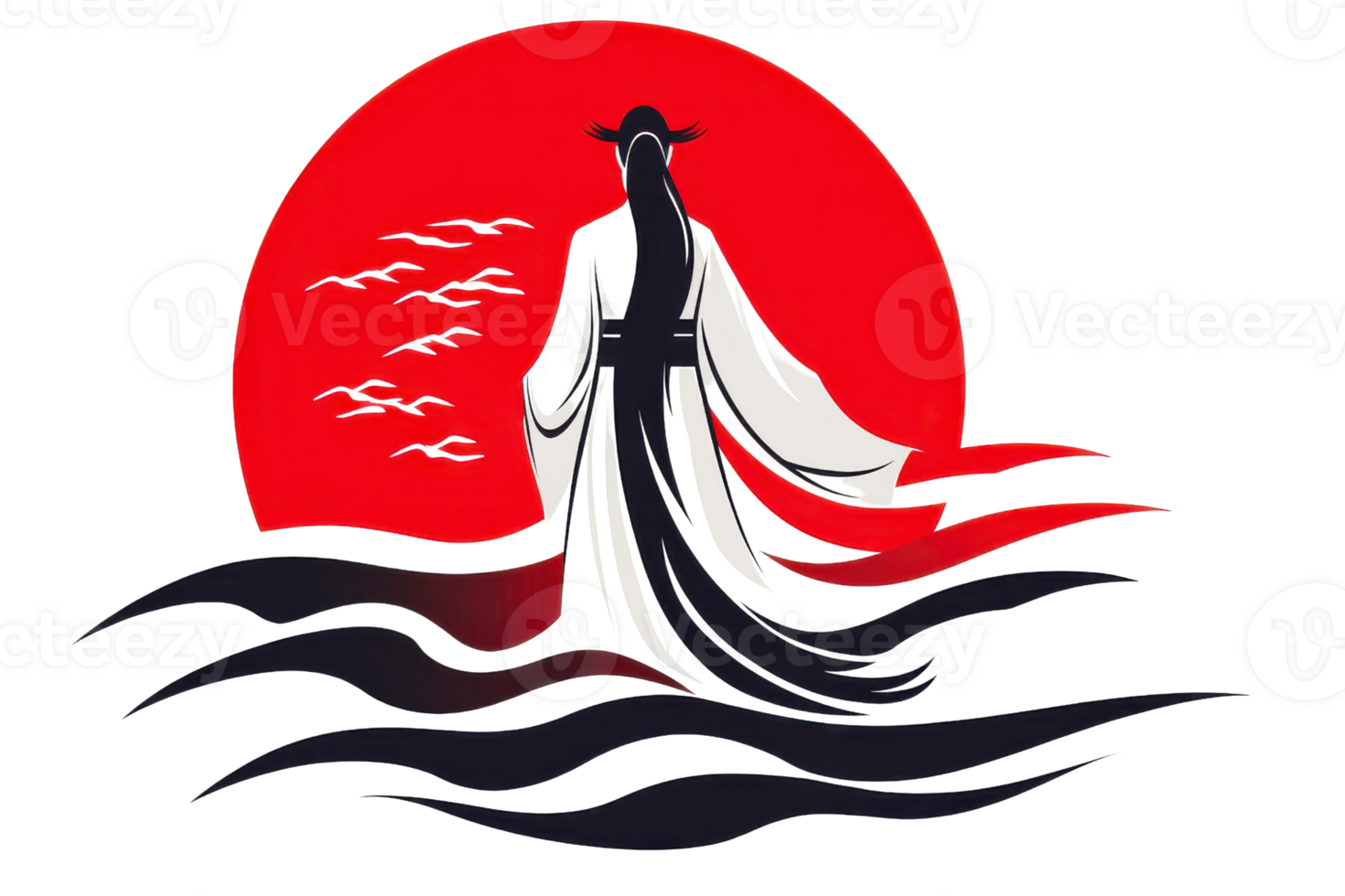 silhouette of figure in traditional attire against red sun, surrounded by waves and birds, evoking serene and mystical atmosphere png