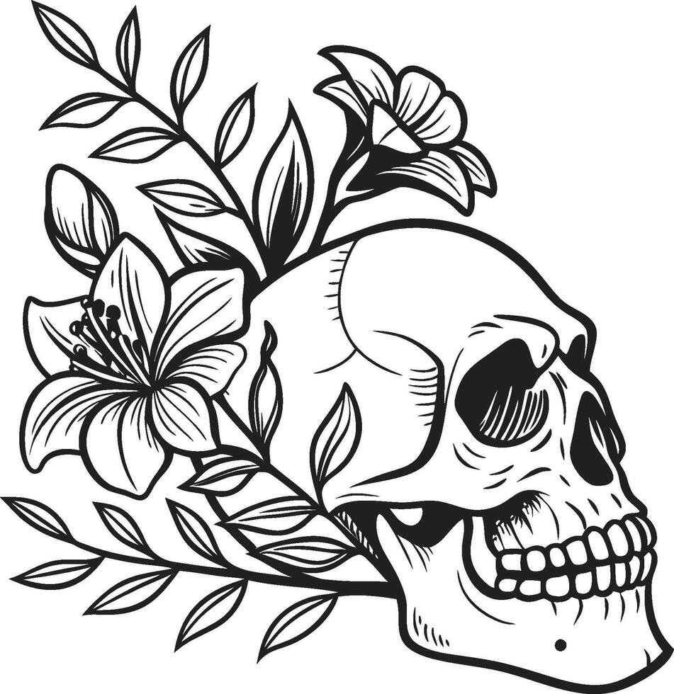 Skull with flowers and leaves vector