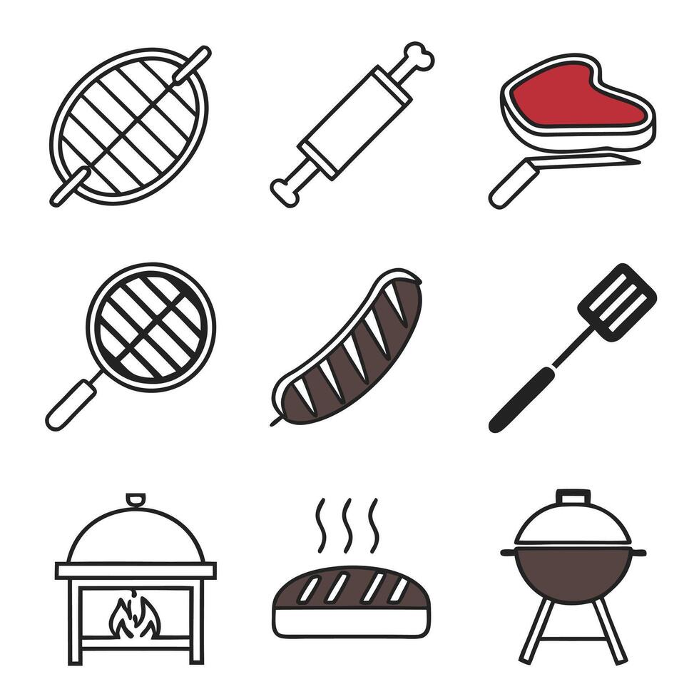 Flat Outline BBQ and Grill Tools Icons vector