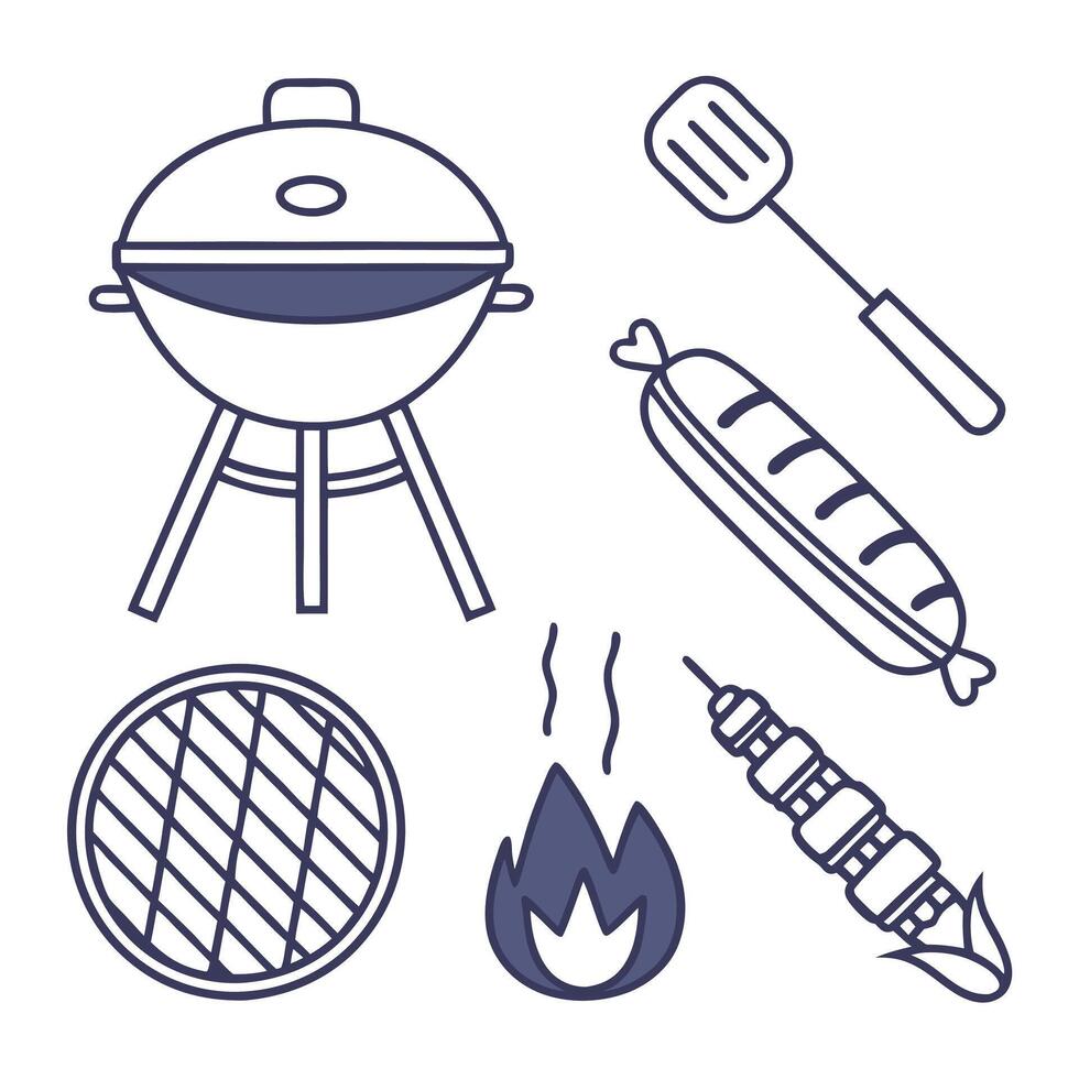 BBQ Barbecue and Grill Outline Icons Set vector