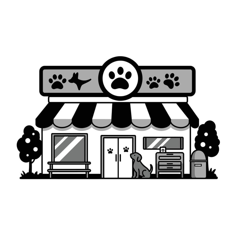A black and white illustration of a pet store vector
