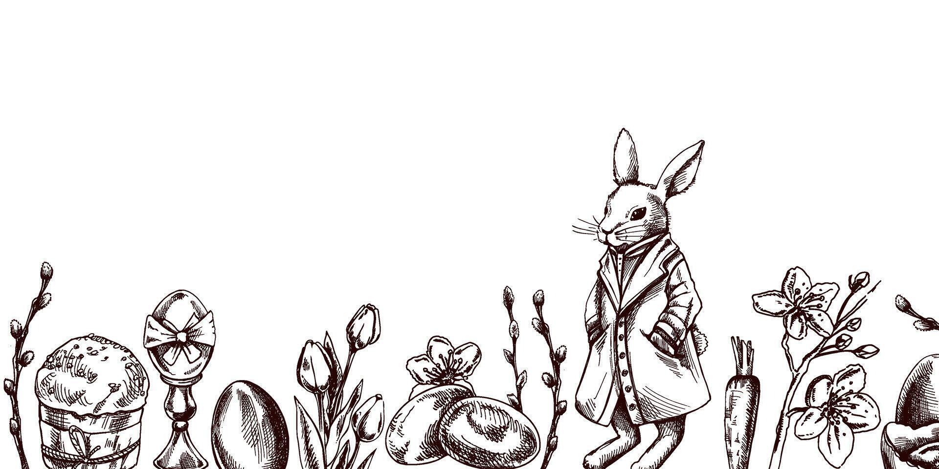 Vintage Easter border with elegant rabbit in coat, eggs, willow branches, flowers, and festive holiday elements vector