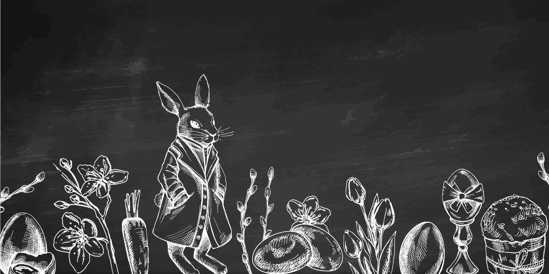 Chalkboard Easter border with dapper rabbit, eggs, willow branches, and blooming flowers vector