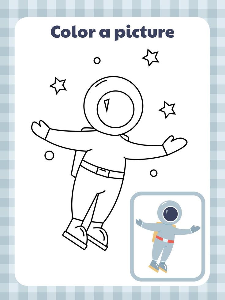 A simple coloring page for preschoolers with a little astronaut flying among the stars vector