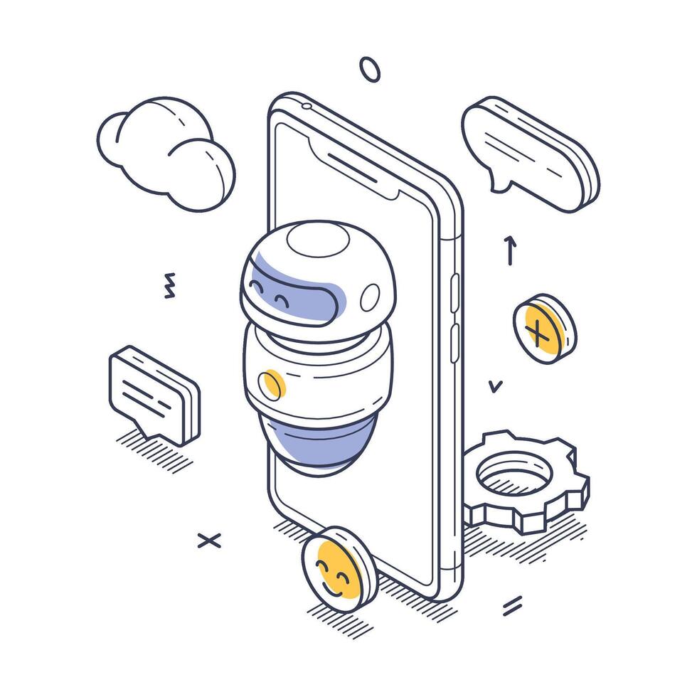 Friendly ai chat bot robot interacting with a smartphone design in a digital environment isometric illustration vector
