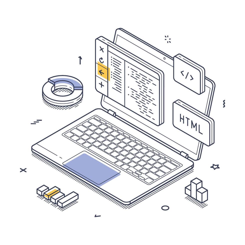 Laptop displaying HTML code with design elements around a workspace setup isometric line art illustration vector