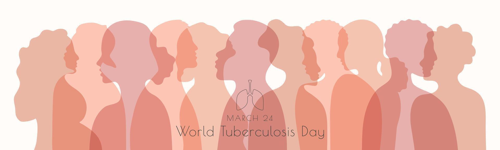 World Tuberculosis Day template March 24. Silhouette of diversity people. Different nationalities, genders and ages human profile. Holiday background with text inscription and lung vector