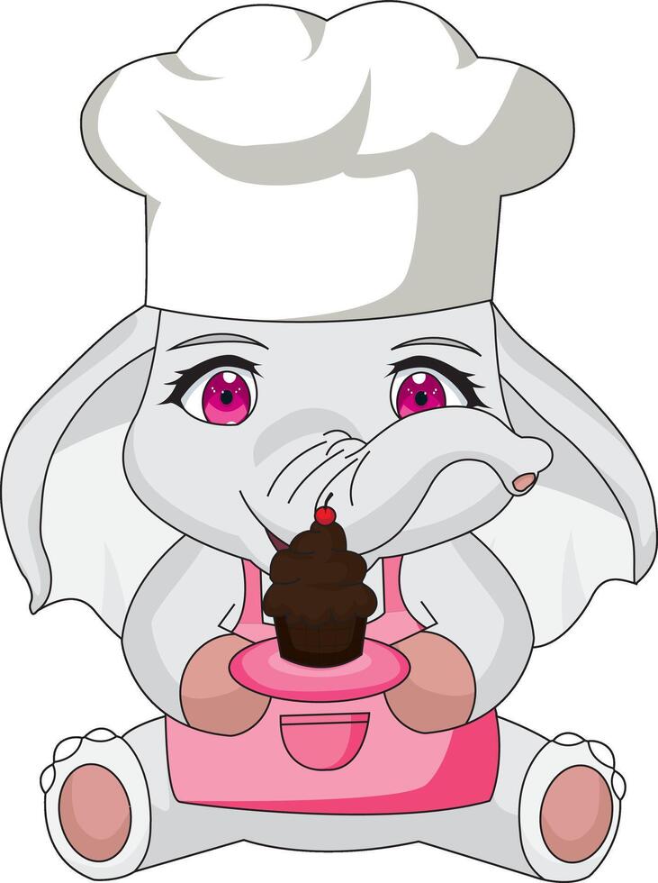 Chibi Chef Elephant With Cupcake Elephant Character vector