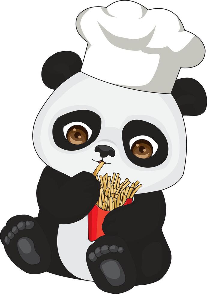 Cute Panda With Chef Hat And Eating French Fries Mascot vector