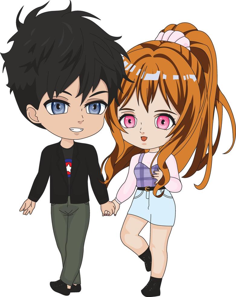 Cute Chibi Couple Holding Hands Walking Side By Side Chibi Character vector