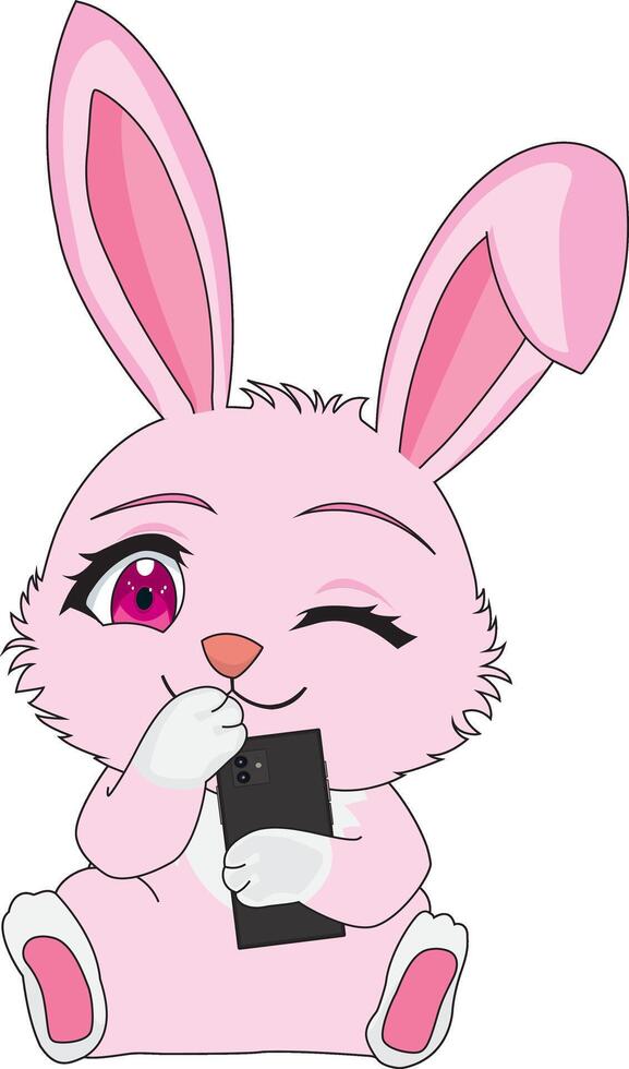 Cute Bunny With Phone Cheeky Smile, Rabbit Character Mascot vector