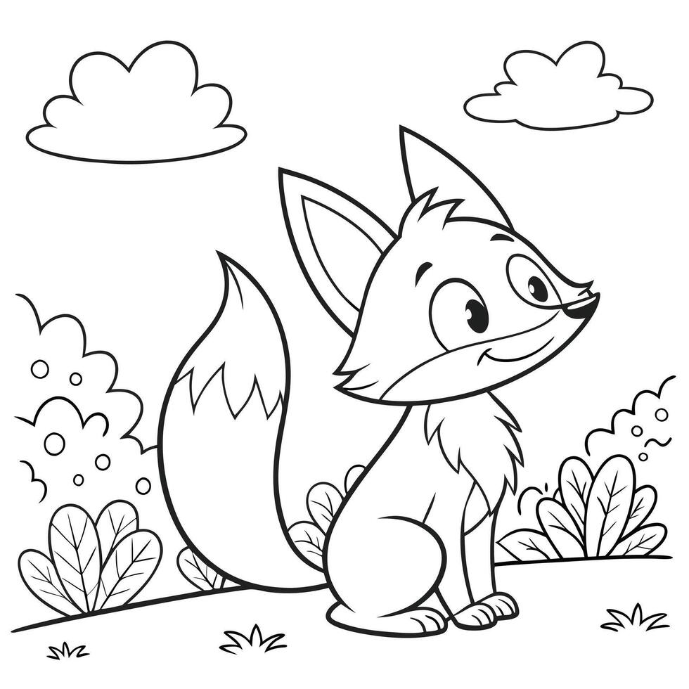 Adorable Cartoon Fox in Nature Coloring Page vector