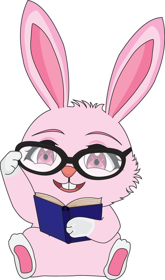 Cute Rabbit With Glasses And Book, Bunny Character Mascot vector
