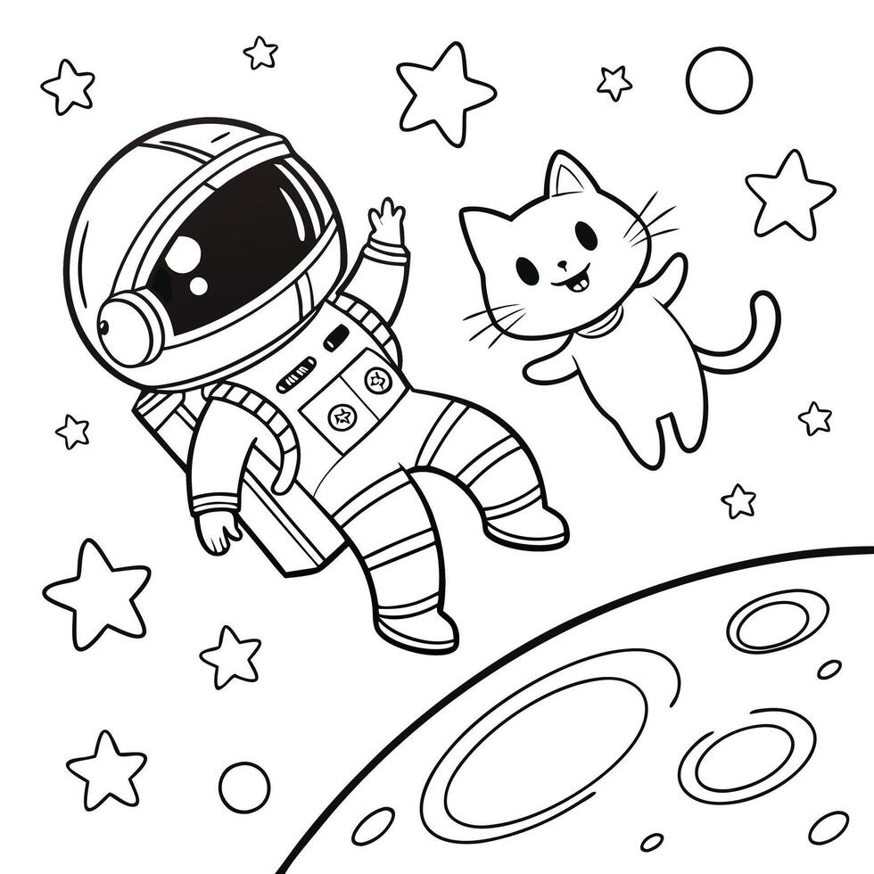 A fun and whimsical coloring page featuring an astronaut and a cat floating together in space. vector
