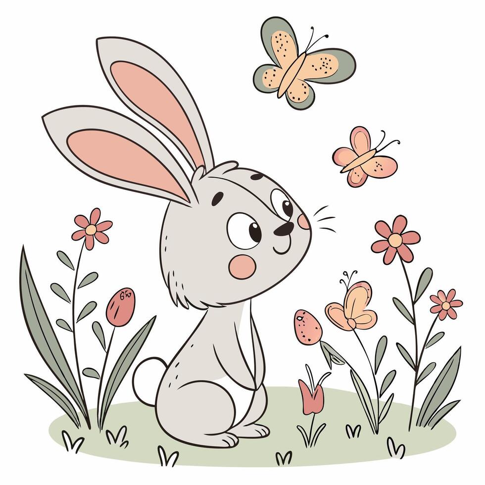 A cute cartoon rabbit sitting in a garden surrounded by butterflies and flowers. vector
