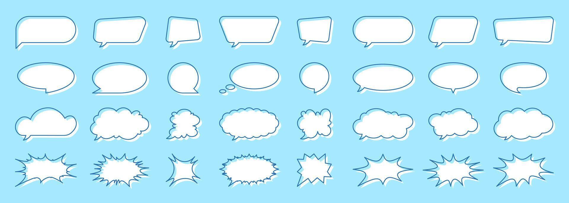 Collection of speech bubbles, text boxes, comic frames, cloud icons, stickers, and communication symbols. Includes explosion effects, splash shapes, and social media chat balloons in a playful doodle vector
