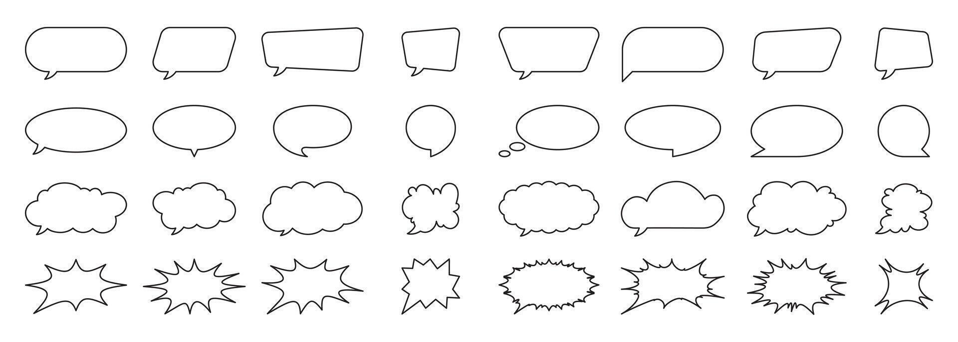 Collection of speech bubbles, text boxes, comic frames, cloud icons, stickers, and communication symbols. Includes explosion effects, splash shapes, and social media chat vector