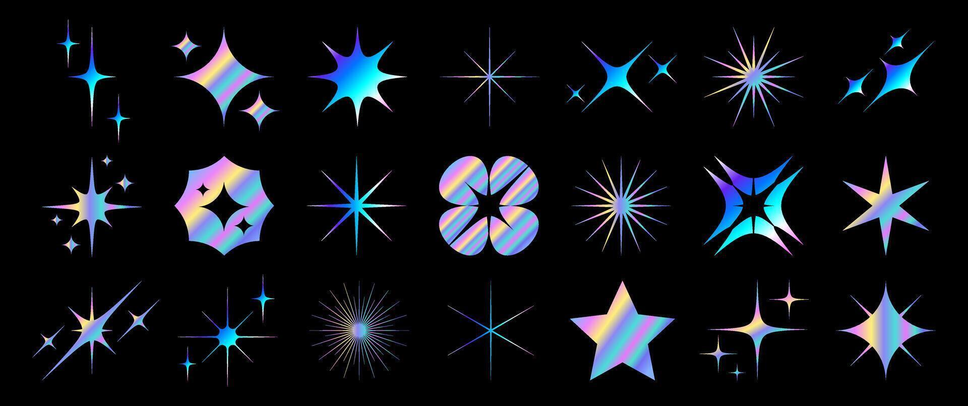 Collection of Holographic Stars and Geometric Labels. Iridescent Foil Star in Various Shapes with a Shimmering Rainbow Effect. vector