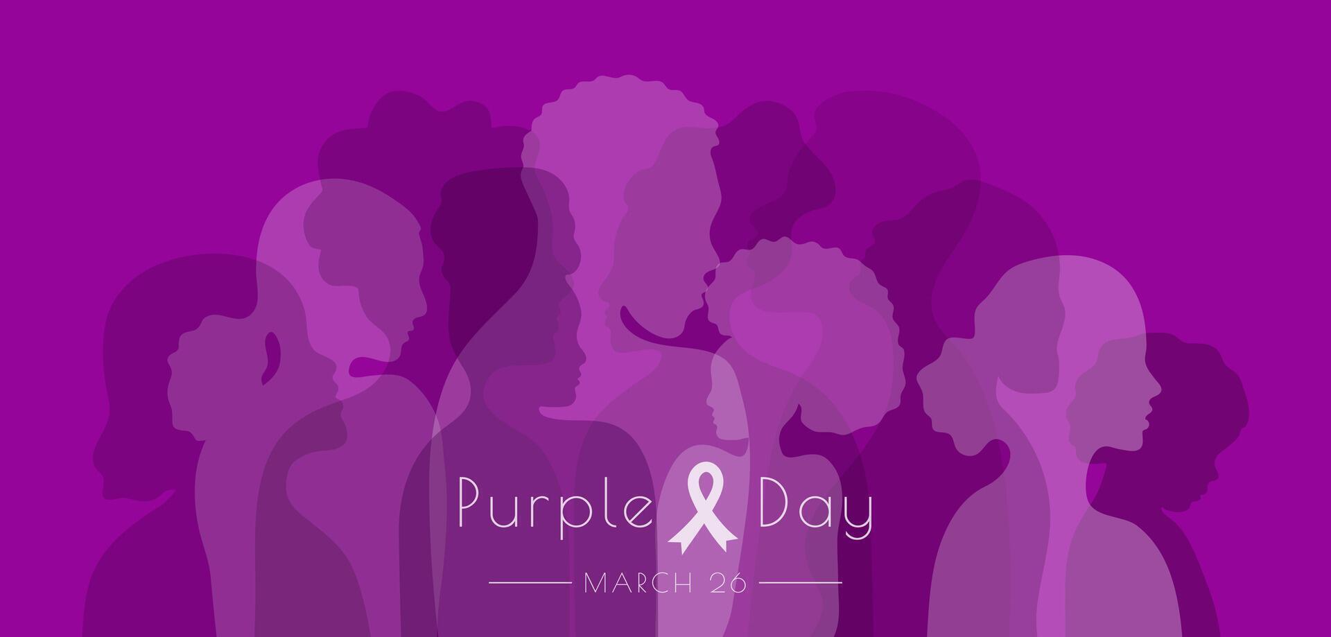 Purple Day Epilepsy Awareness banner template. Violet colors silhouette of diversity people. Different nationalities, genders and ages human profile. Poster cover card info web. vector