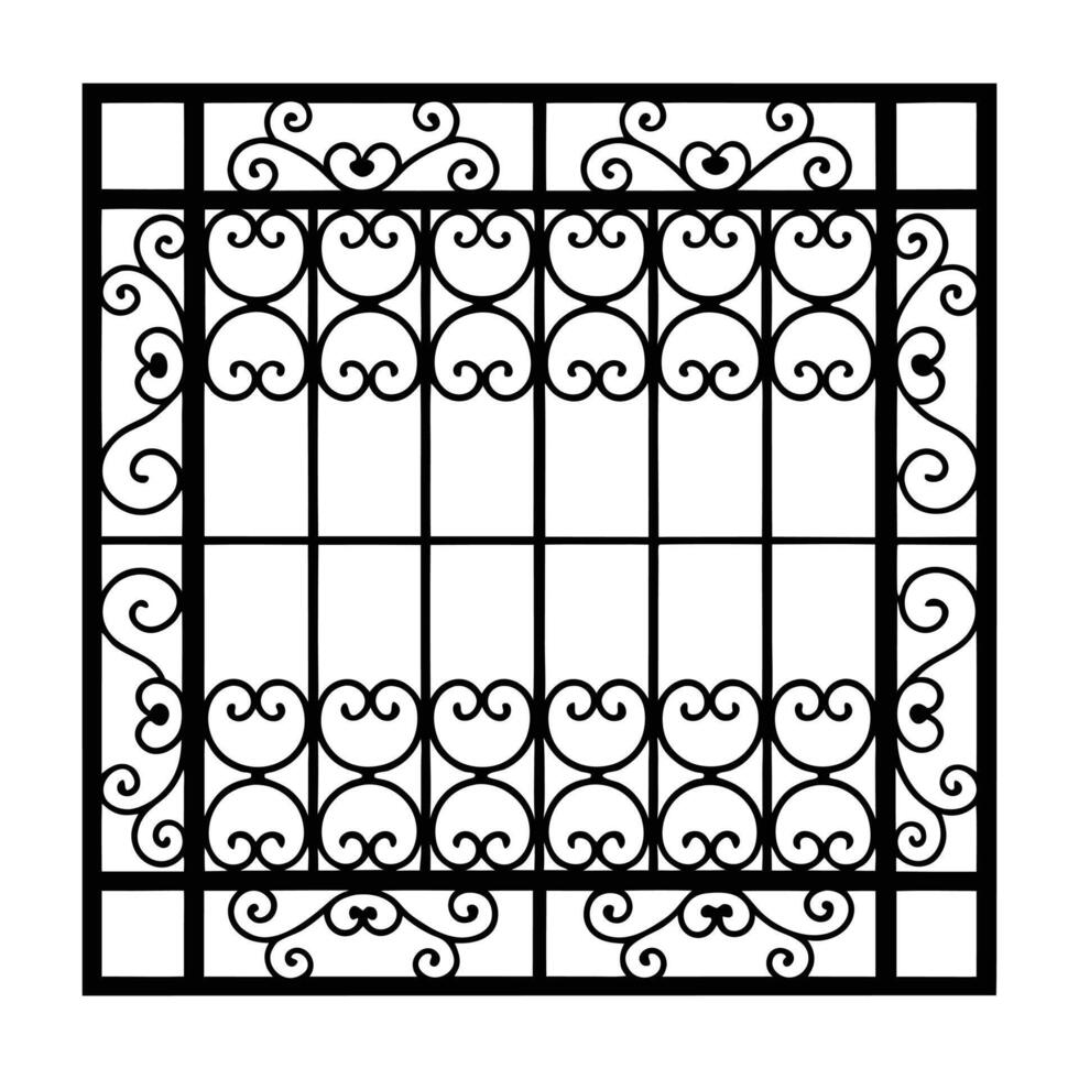 a black and white drawing of a window with a wrought iron design vector