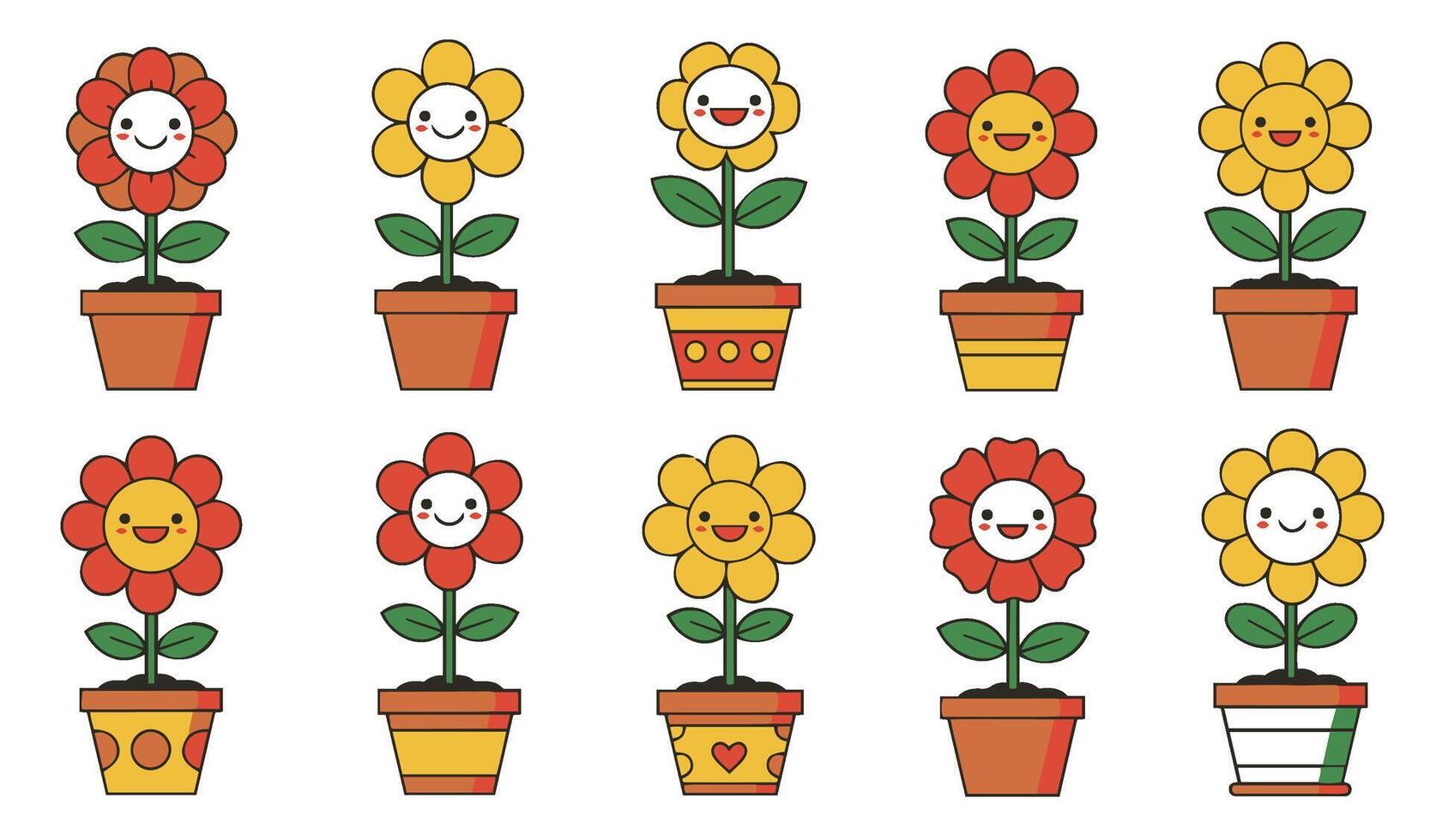 Colorful and Playful Illustration of a Smiling Flower in a Pot Set for Greeting Cards and Digital Art vector