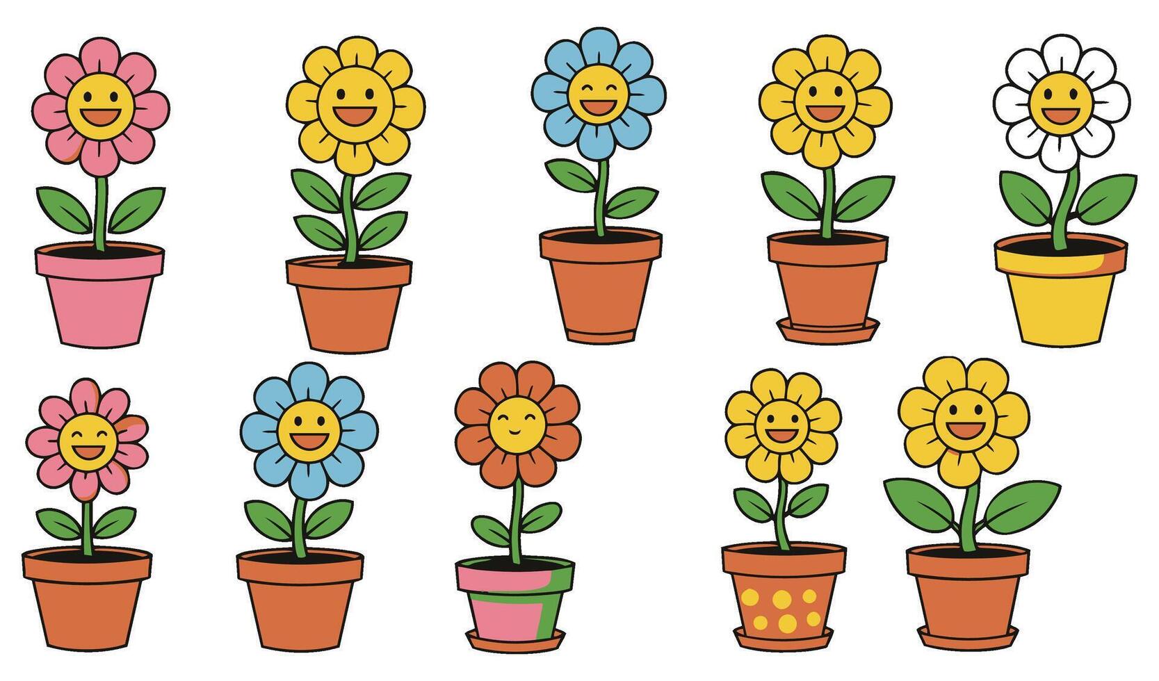 Cute and Vibrant Illustration of a Smiling Flower in a Pot Set Ideal for Kids' Designs and Creative Projects vector