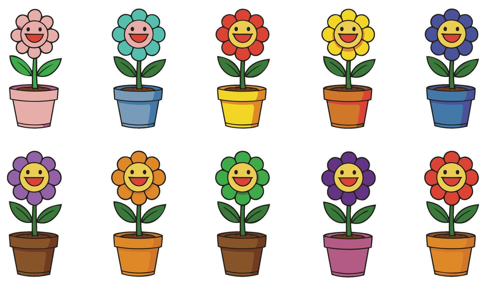Adorable Illustration of a Smiling Flower in a Pot Set Featuring Colorful and Playful Floral Characters vector